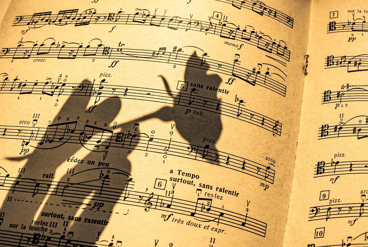 A music sheet with notes, and the shadow of a hand in front, holding a rose.