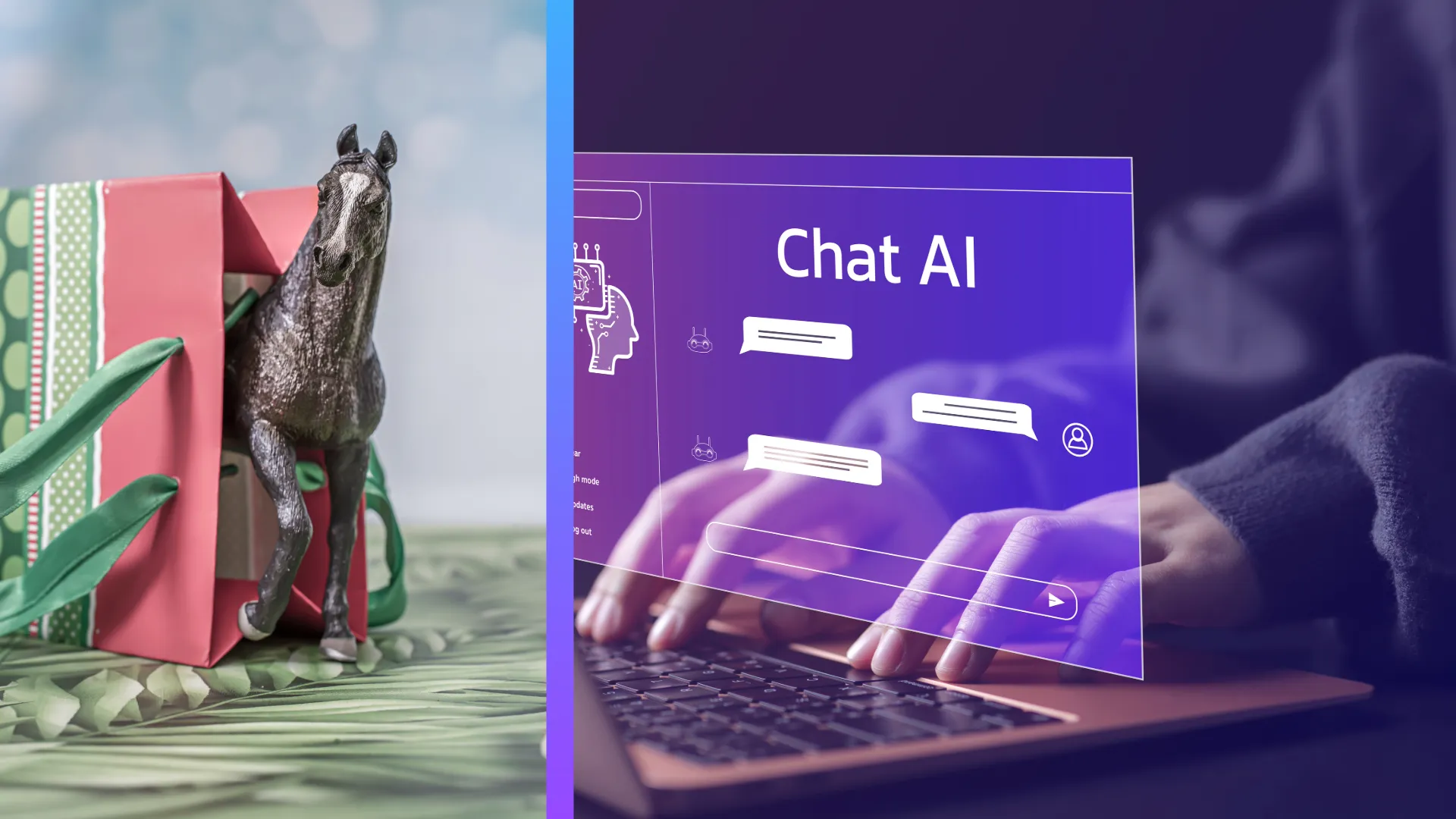 Collage of a horse inside a gift carton and two hands typing and a virtual chat box website in front.