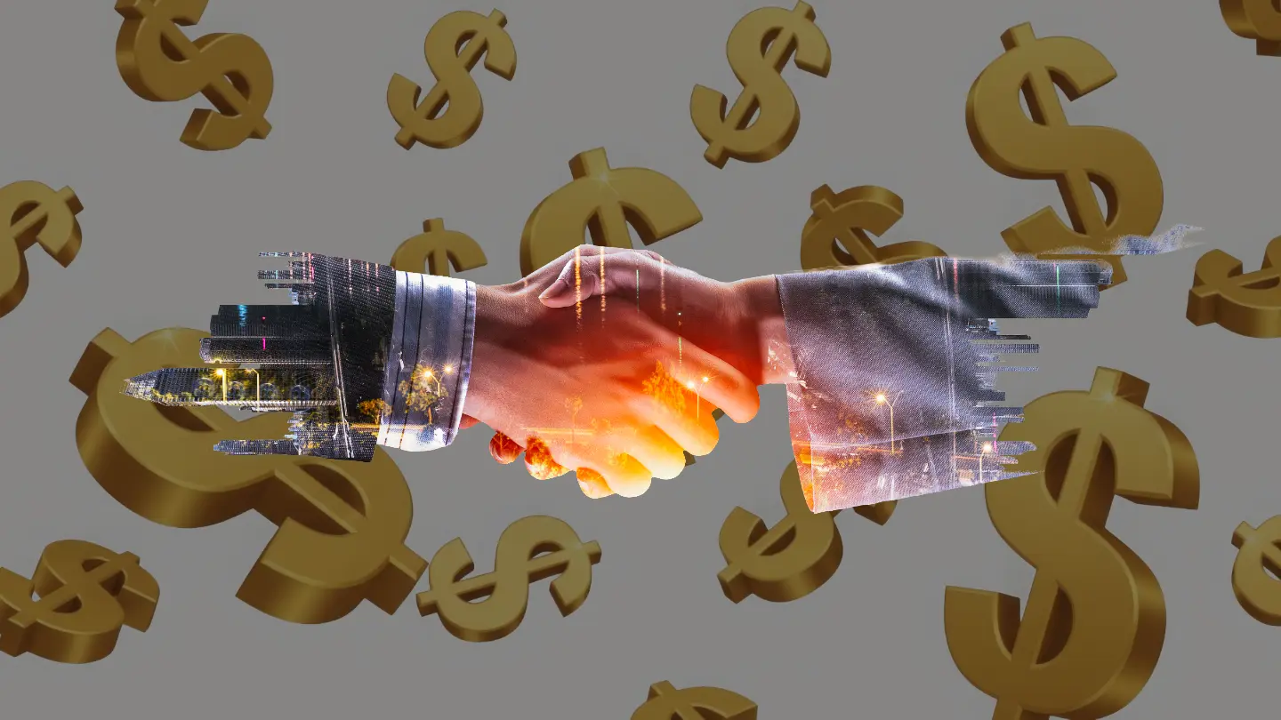 Two hands shaking, only partly visible, shady, on a background filled with falling dollar signs.