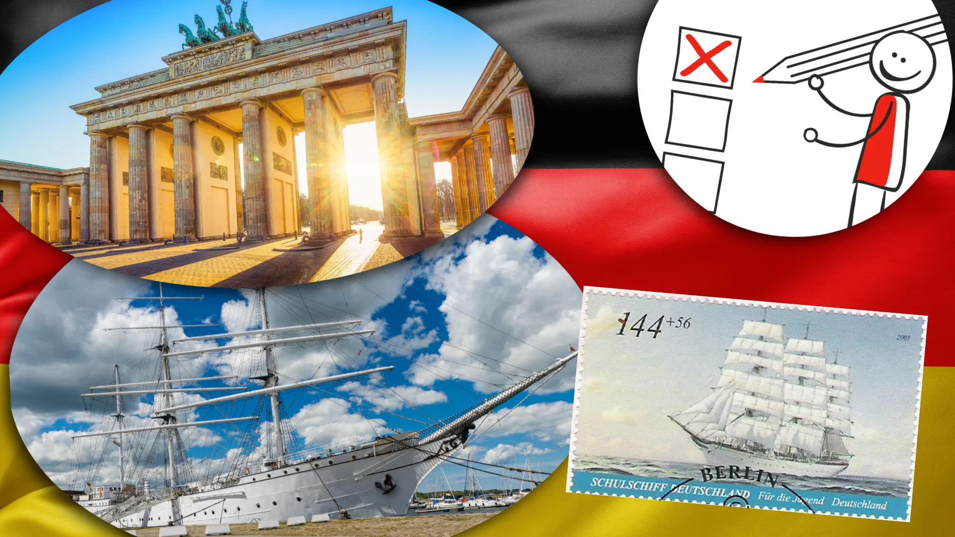 Collage von Bildern, das Brandenbruger Tor, Segelschulschiff Deutschland und ein Strichmännchen, das ein Kreuz in einem Kästchen macht und lächelt.