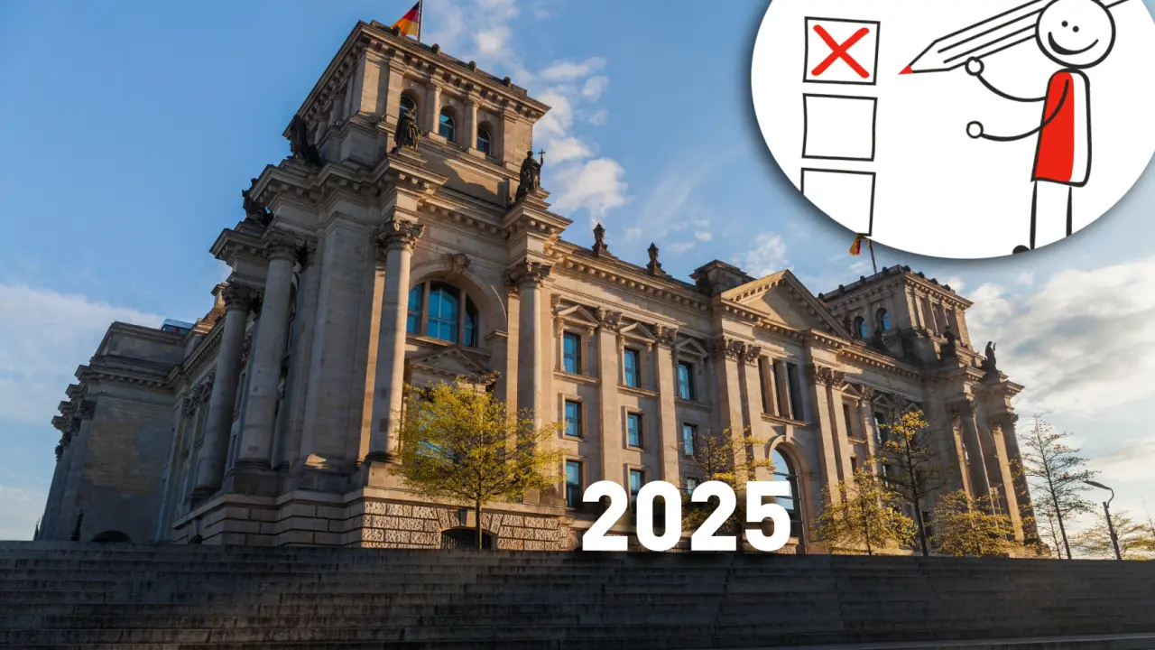 Der Reichstag in Berlin, bei Sonnenschein, eine kleine Figur vor einem Wahlzettel, lächelnd und die Zahl 2025.