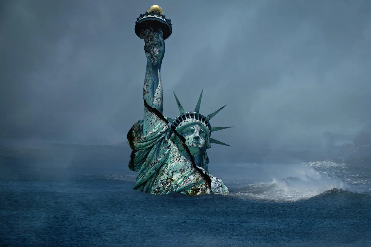 A sinking statue of liberty in a stormy sea.
