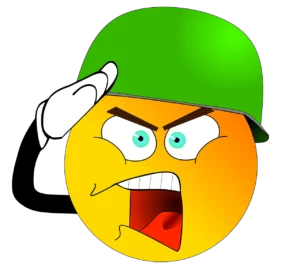 Ein smiley, das grimmig und brüllend erscheint, mit Helm auf dem Kopf und salutierender Hand an der Stirn.