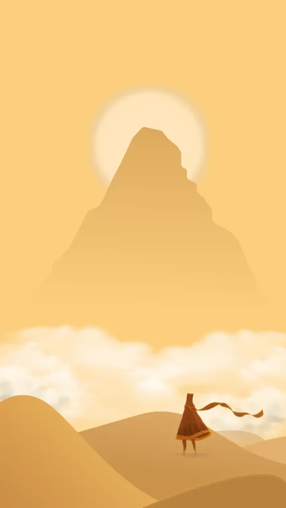 A drawing in golden-yellow hazes and simple outlines, showing a sun, a mountain in front of the sky and before the mountain a figure walking towards the mountain.