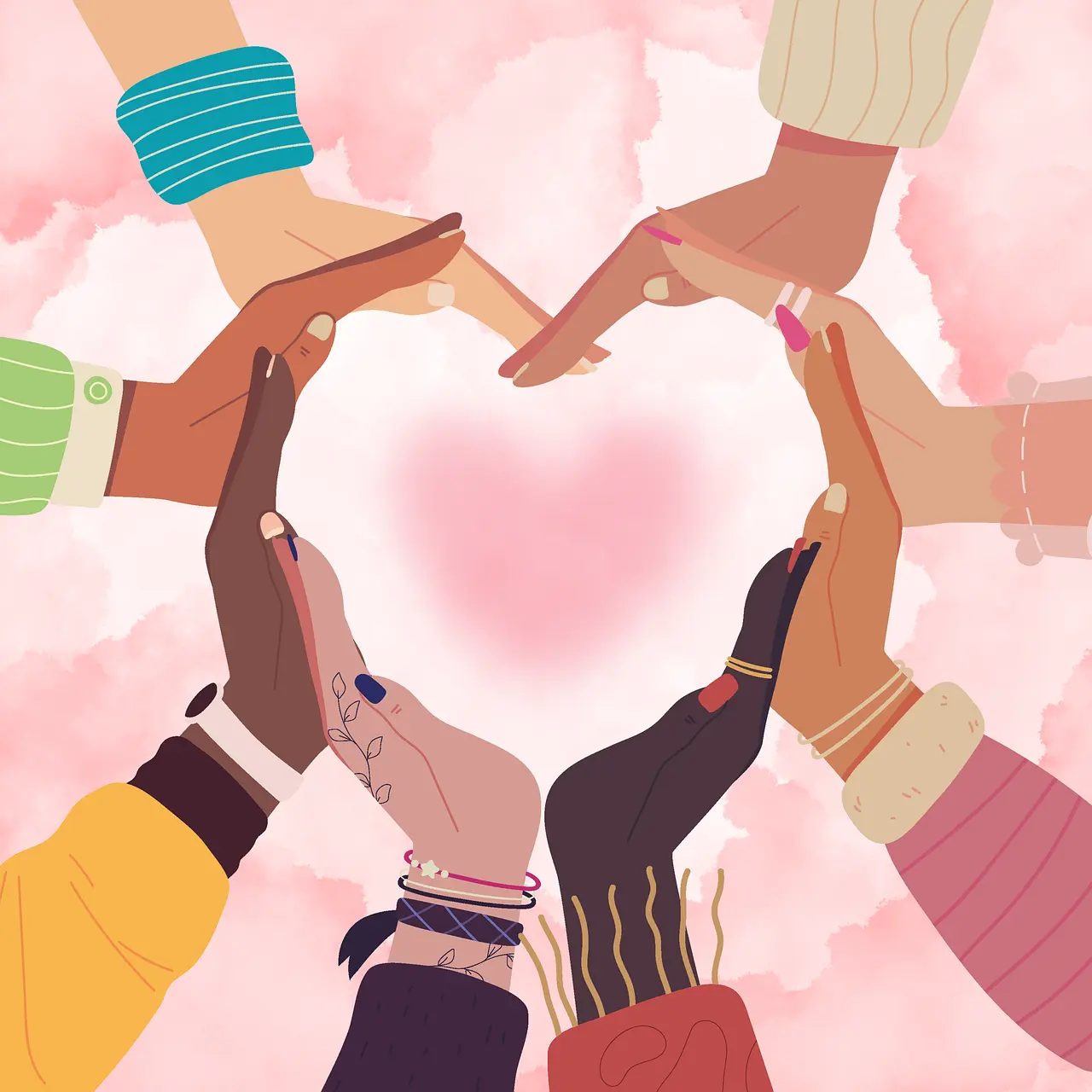A drawing of human hands touching and that way making a heart-shaped circle.