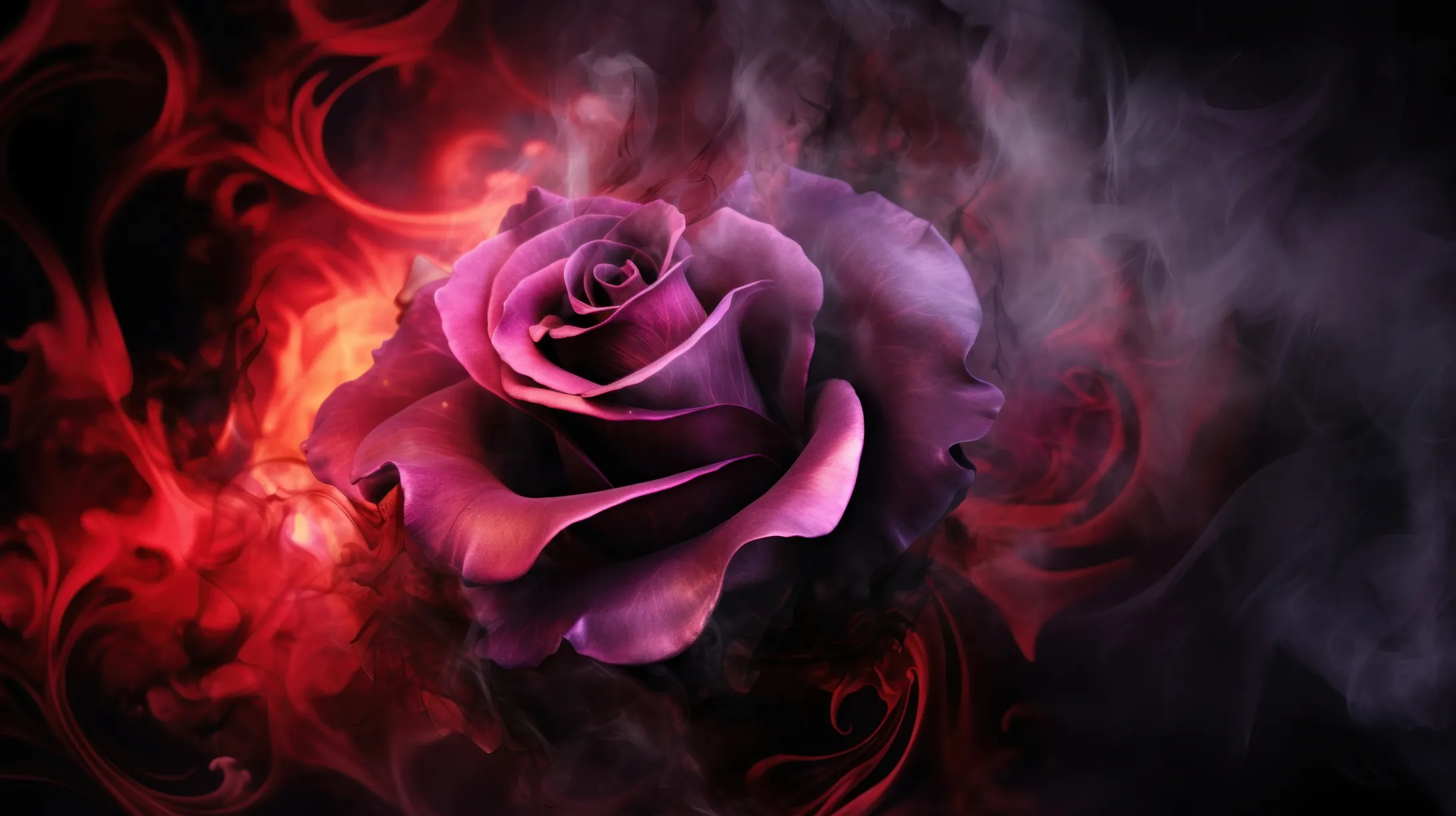 Photo einer dunkelroten Rose im Feuer