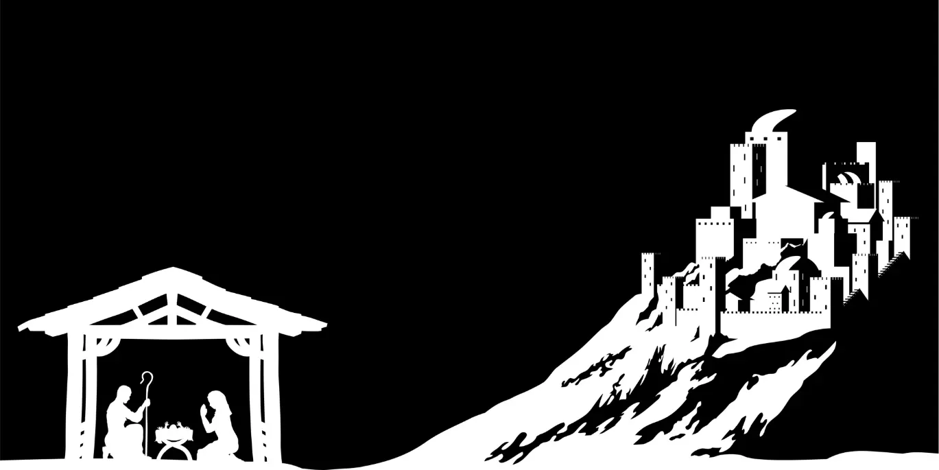 Image of the holy family in a small building, before a mountain in the background showing a city and its buildings.