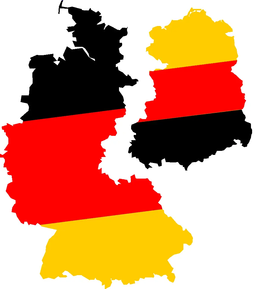 Westdeutschland und Ostdeutschland als Kartenschema nebeneinander, mit den Flaggenfarben der BRD gegengleich gefärbt.