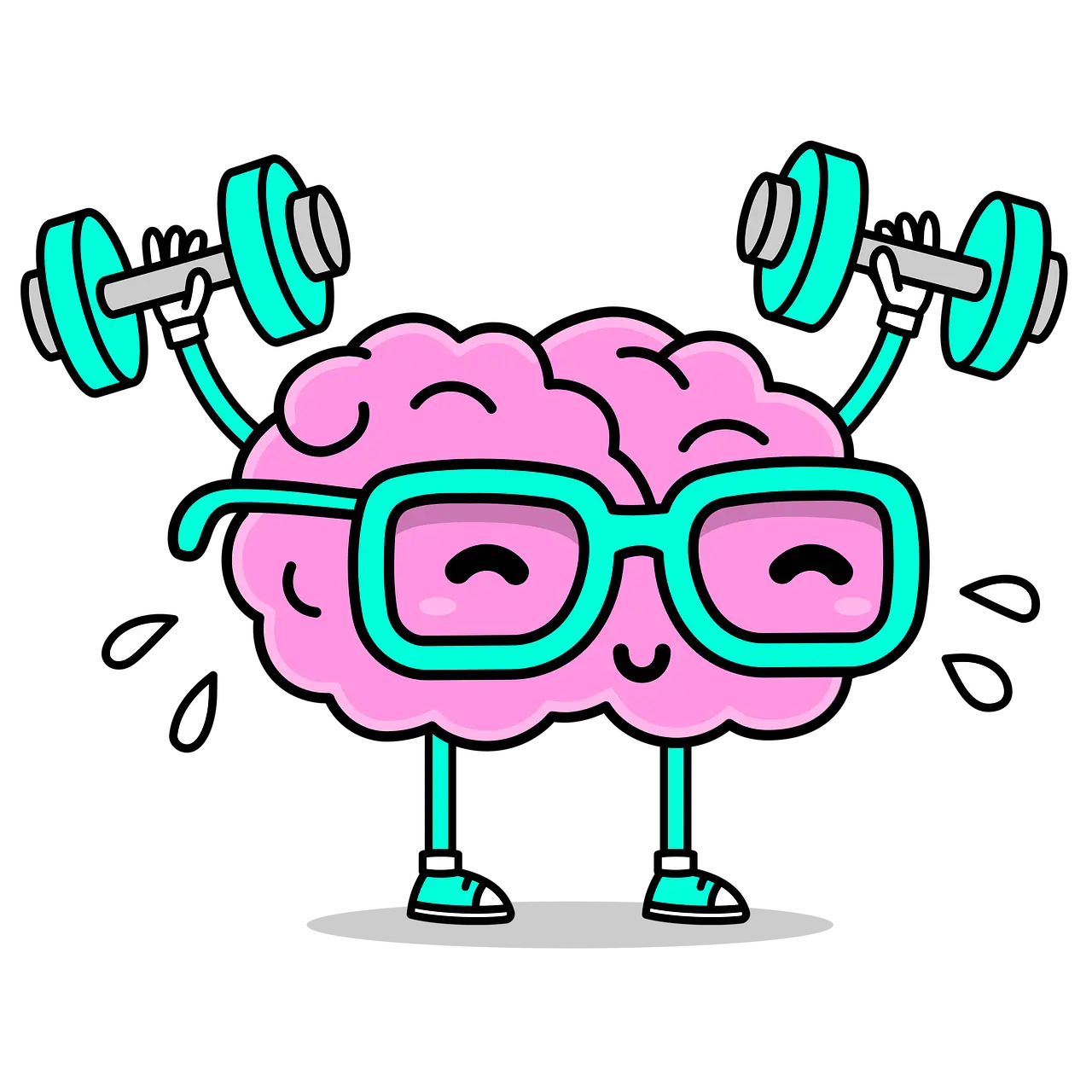 Drawing of a smiling brain figure, like a smiley in brain shape, on feet, with a face, lifting heavy weights.