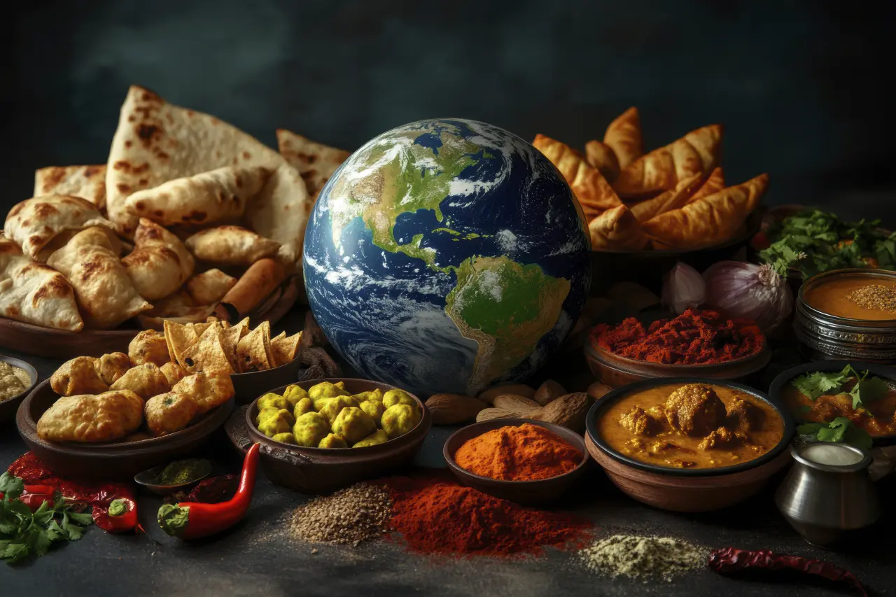 Globe on a table set among spices and food with multiple colours and tastes