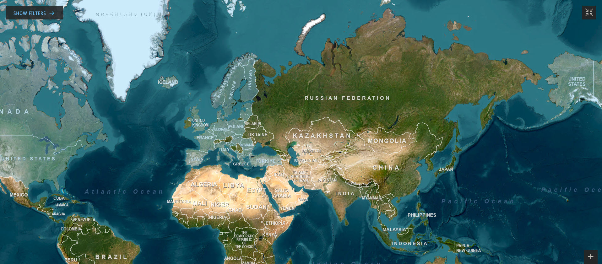 image of the NATO member states and Russia as a world map, the NATO member states coloured in light blue.